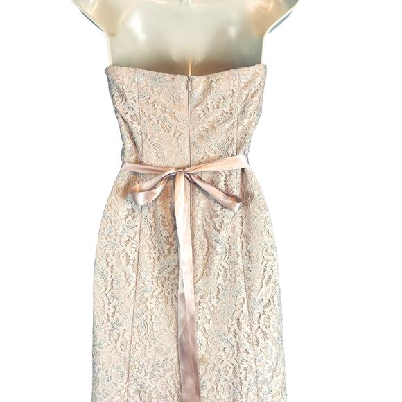 Betsy & Adam Shimmering Lace Gown Strapless Maxi Dress Light Peach Belted Size 4 - Picture 7 of 8